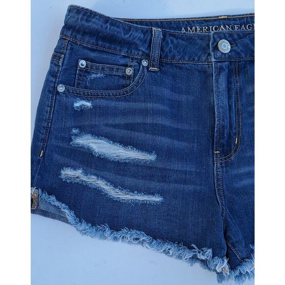American Eagle Tomgirl Shortie Denim Jean Shorts Blue Distressed Fray Hem Sz. 10 - Picture 6 of 9